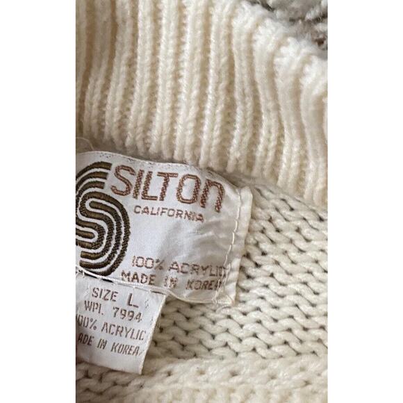 Vtg silton Knit Sweater ram horns Men Large brown cream Red Stripe Reindeer - Picture 7 of 10